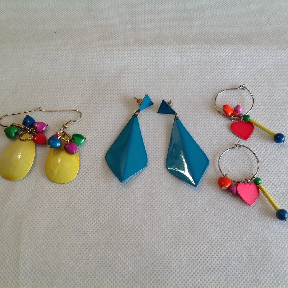Vintage 80's New Wave Neon Dangle Charm Pierced Earrings Lot
